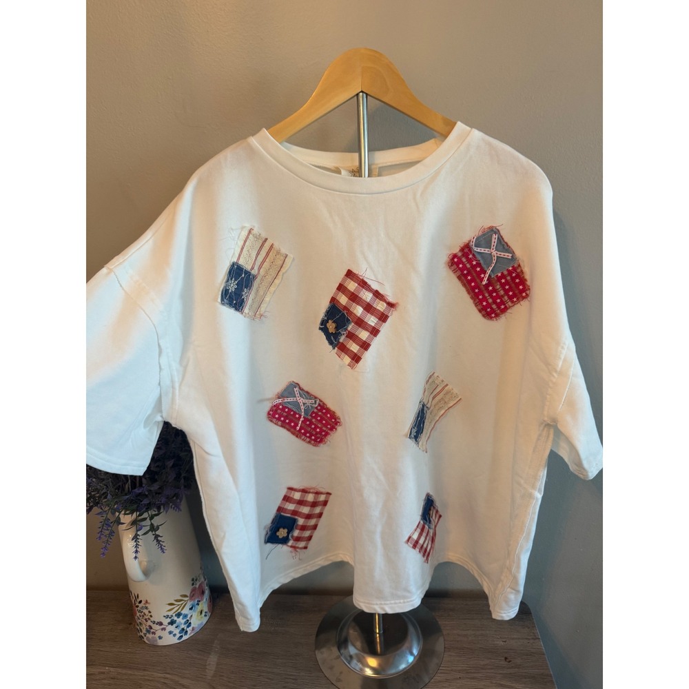 Fantastic Fawn White Americana Patchwork Oversized Top Short Sleeve Medium